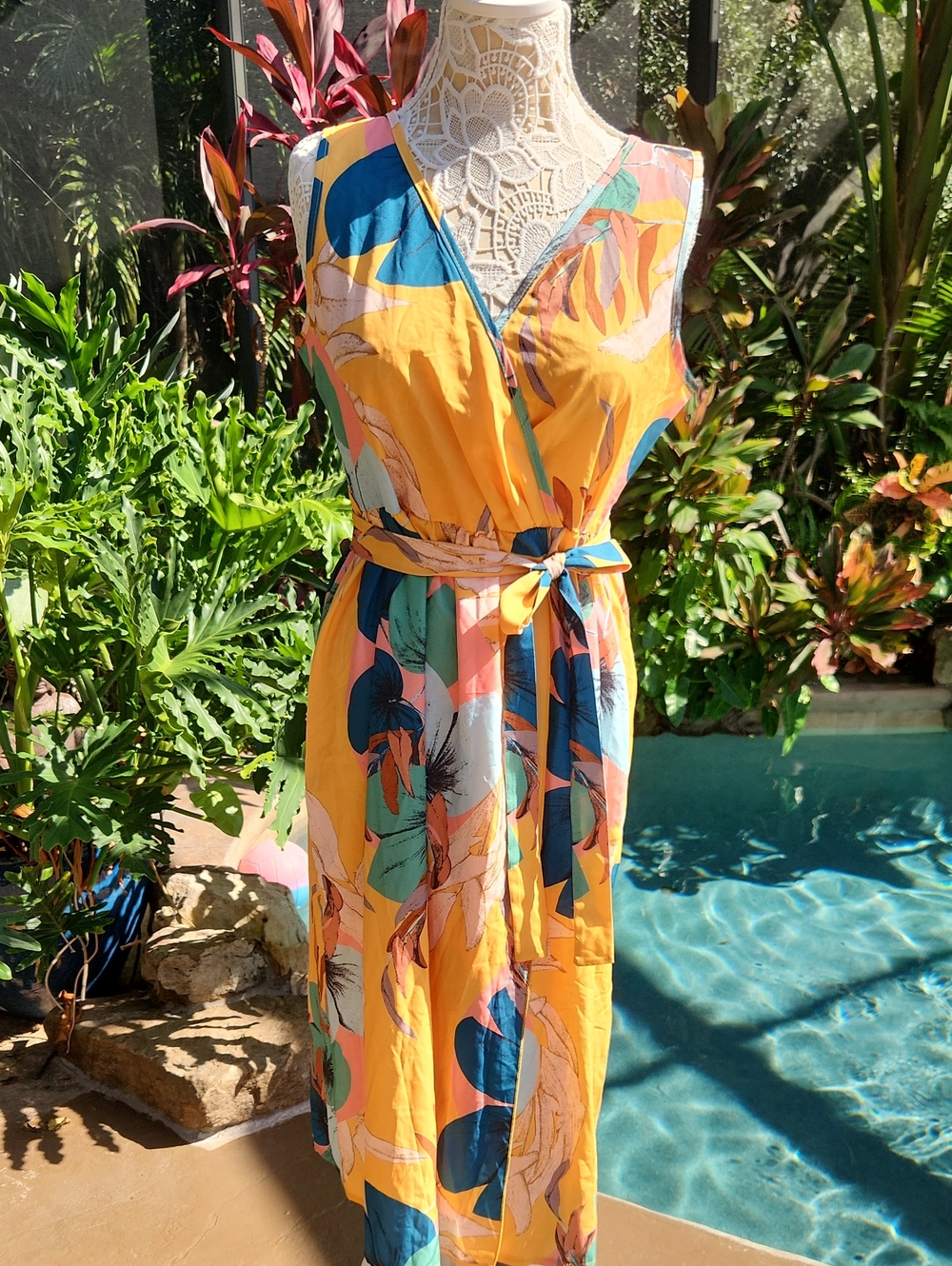 Sleeveless Wrap Midi Dress in Vibrant Mustard Floral